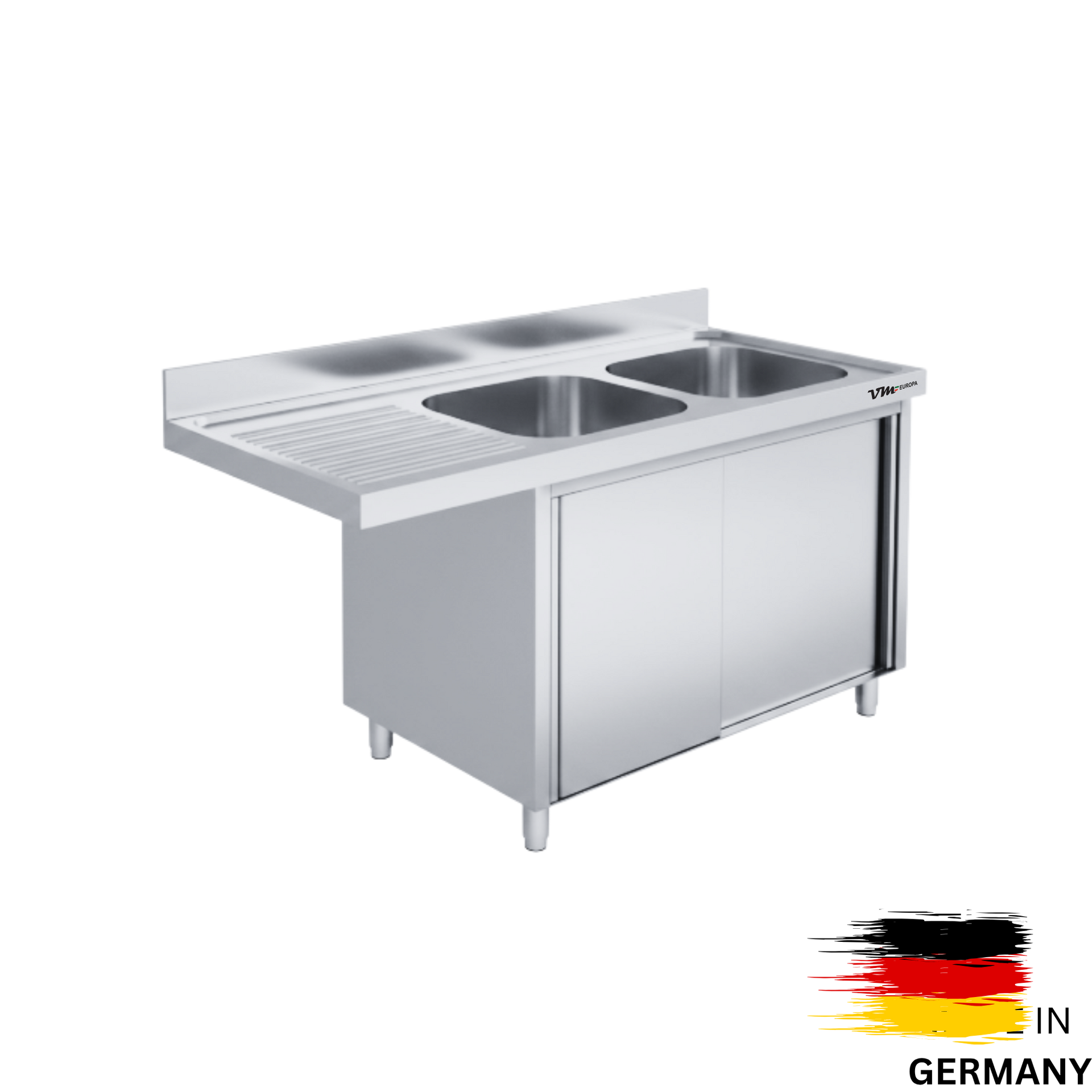 Edelstahl Spülmaschinenschrank bzw. Spülschrankzentrum, 2 Becken rechts, mit Aufkantung, Premium - alle Größen montiert