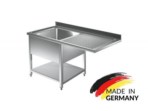 Edelstahl Spülmaschinentisch bzw. Spülzentrum, 1 Becken links mit Grundboden, mit Aufkantung, Premium - alle Größen zur selbstmontage oder verschweißt