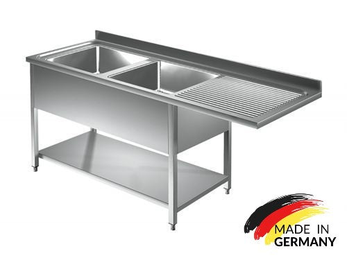 Edelstahl Spülmaschinentisch bzw. Spülzentrum, 2 Becken links mit Grundboden, mit Aufkantung, Premium - alle Größen zur selbstmontage oder verschweißt