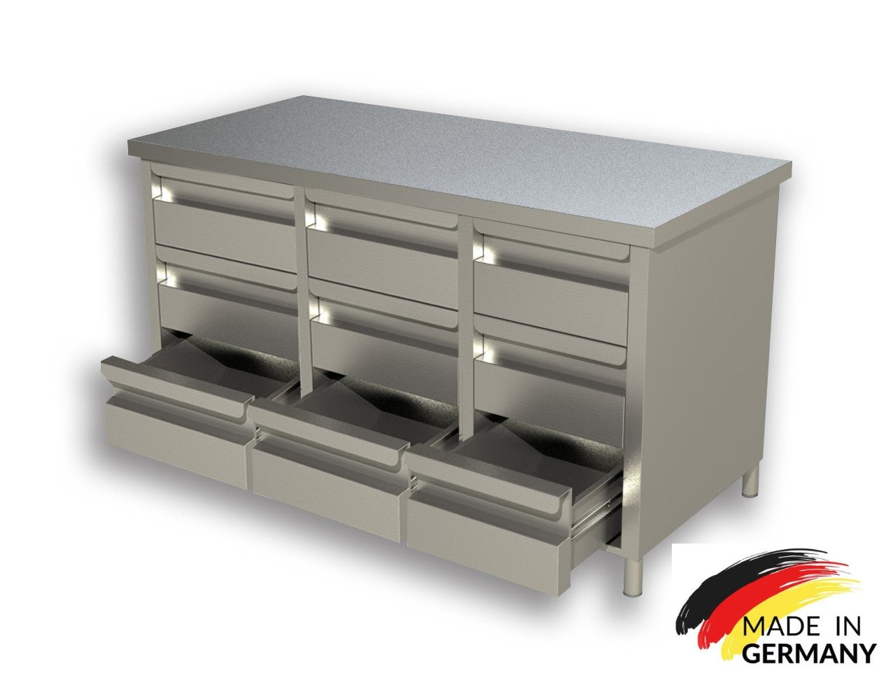 Edelstahl Schubladenschrank, 3 Schubladen, mit oder ohne Aufkantung, Premium - alle Größen montiert