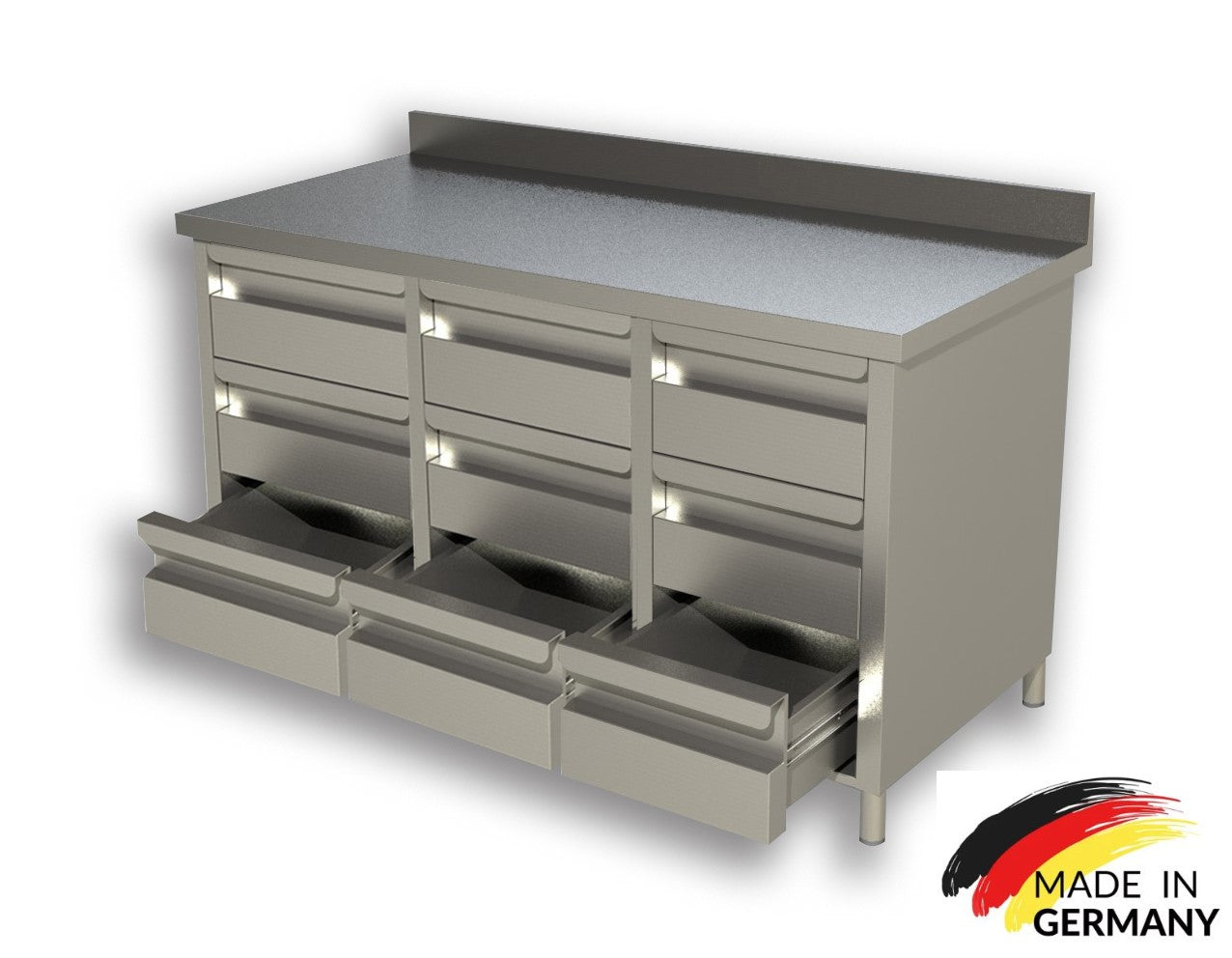 Edelstahl Schubladenschrank, 3 Schubladen, mit oder ohne Aufkantung, Premium - alle Größen montiert