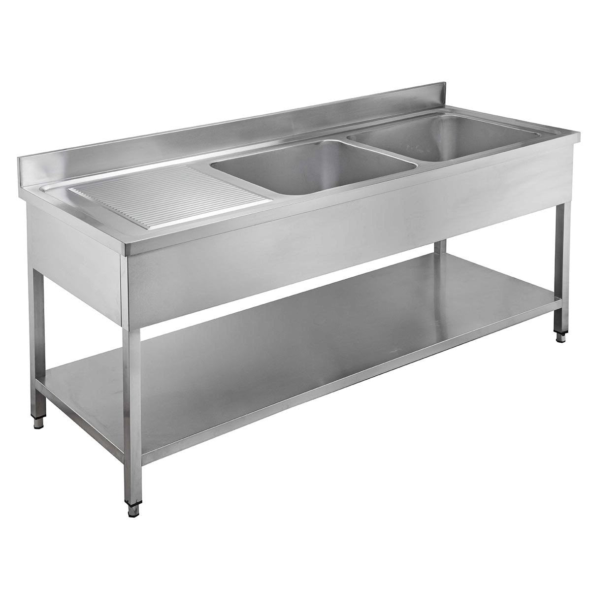 Edelstahl Spültisch 2 Becken rechts, mit Grundboden, mit Aufkantung, Eco - alle Größen zur selbstmontage