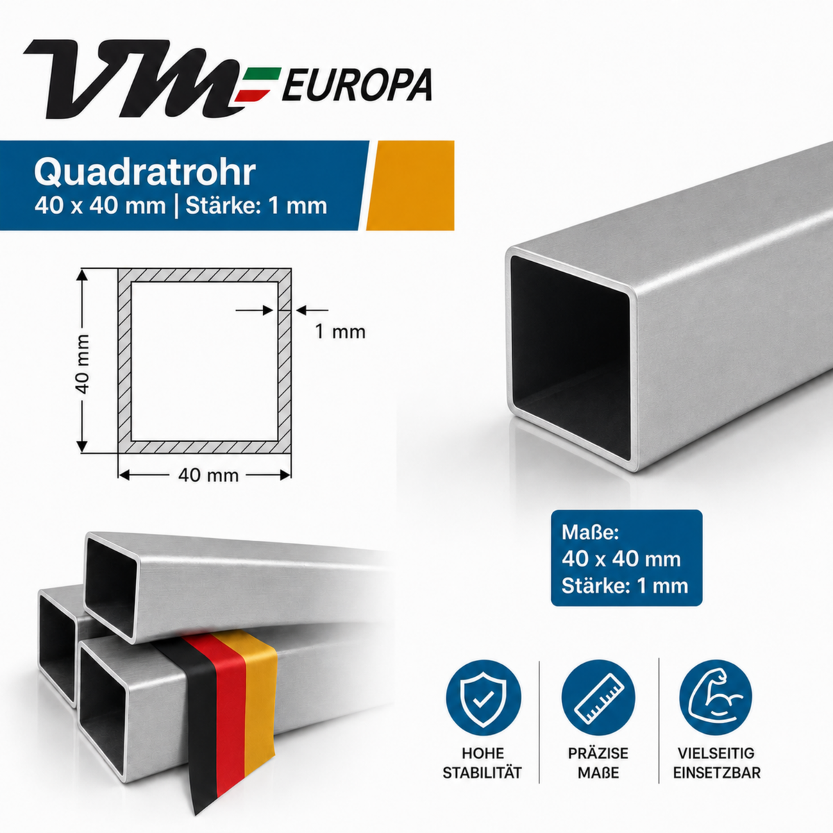 V2A Edelstahl Vierkantrohr 1.4301 40x40mm gebürstet mit 1mm Wandstärke