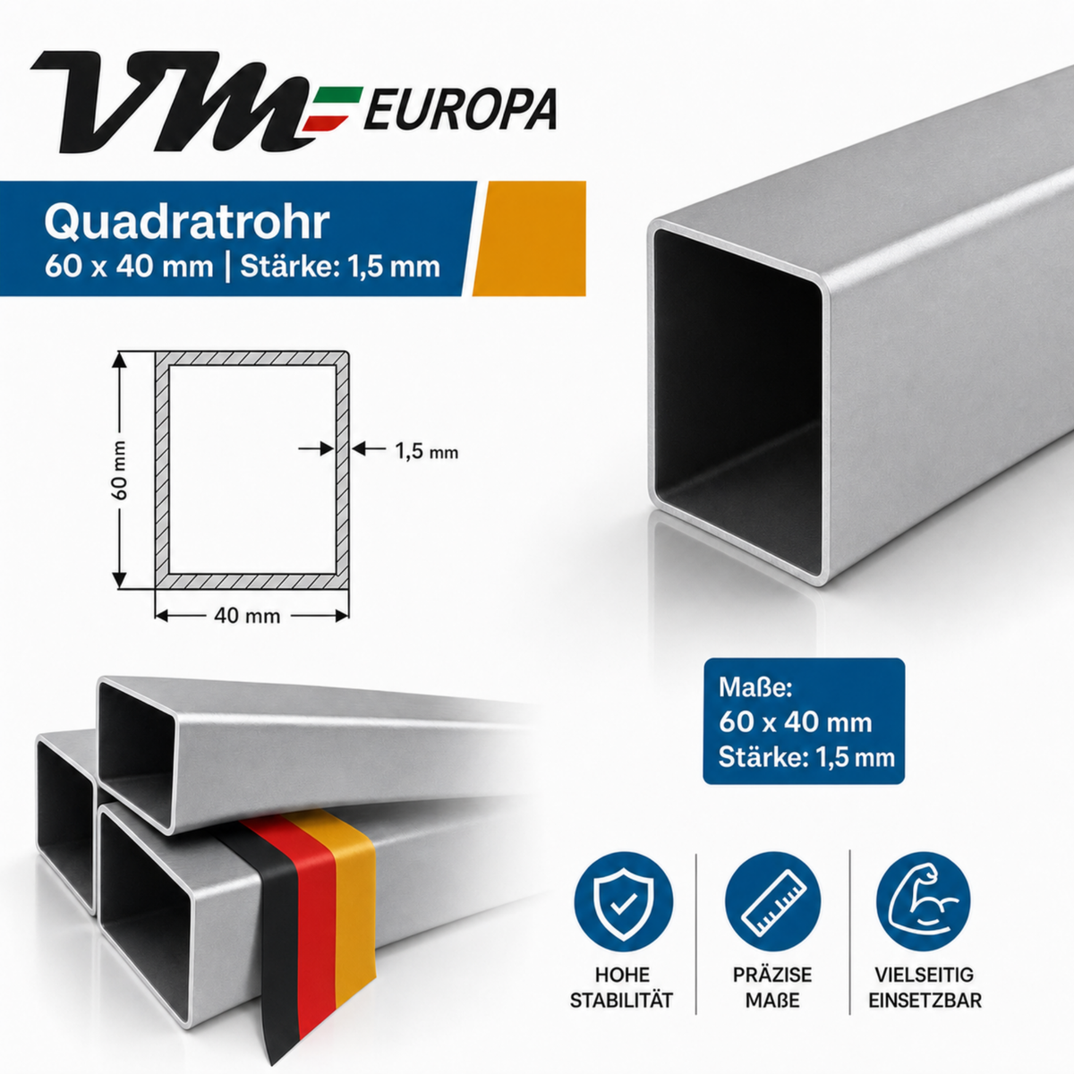 V2A Edelstahl Vierkantrohr 1.4301 60x40mm gebürstet mit 1,5mm Wandstärke