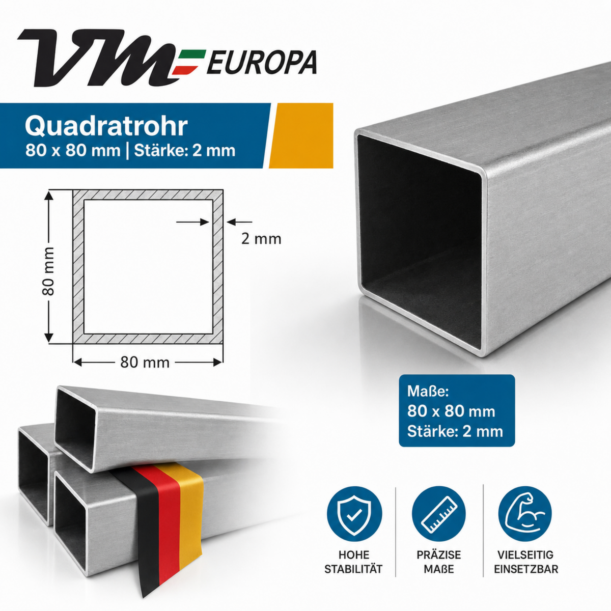 V2A Edelstahl Vierkantrohr 1.4301 80x80mm gebürstet mit 2mm Wandstärke