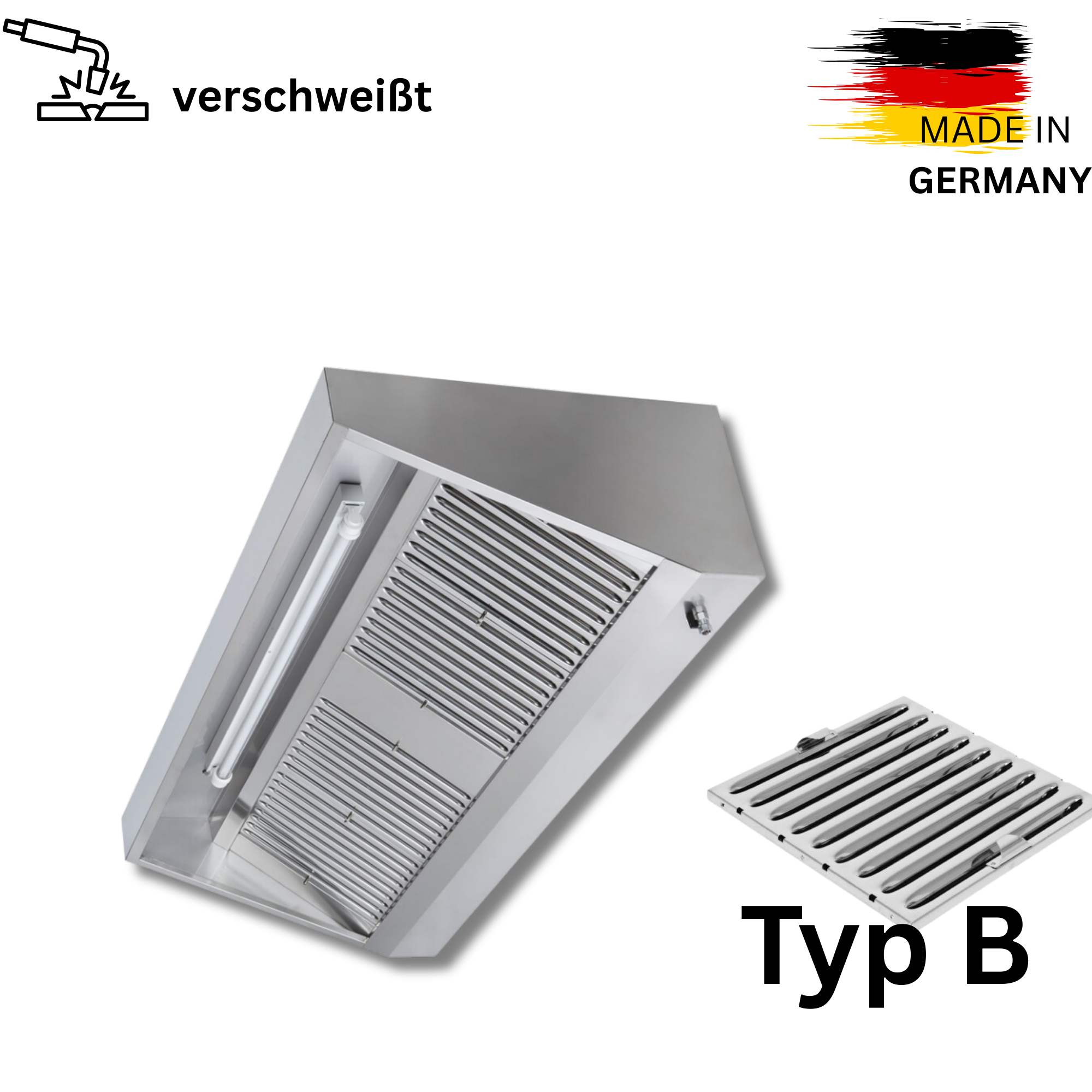70er Edelstahl Wandhaube - 70cm tief - ohne Motor - mit Flammenschutz Filter und LED Lampe - VM Europa